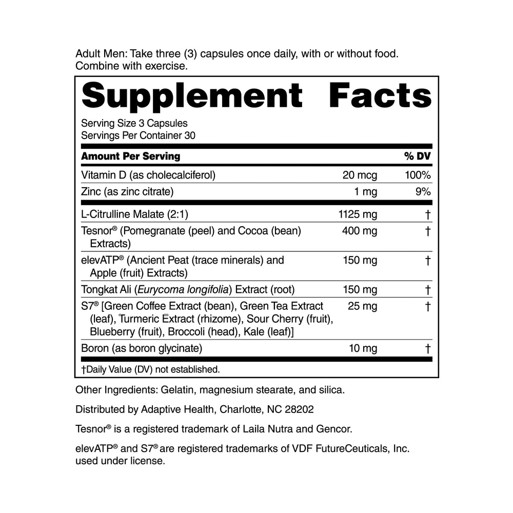 Nugenix Total-T2 bottle label close-up highlighting key ingredients and benefits
