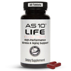 Nugevity AS10 Life bottle on a clean surface showing daily immune support