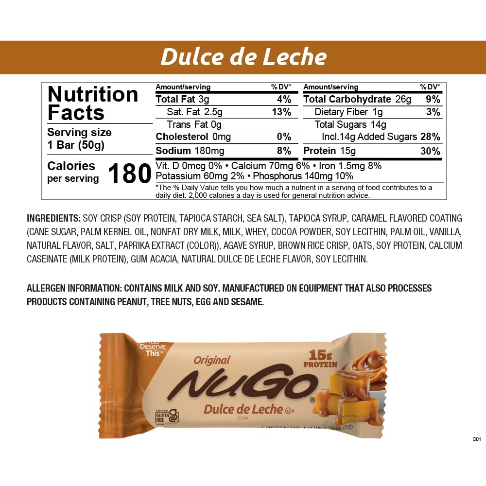 Nutrition label highlights NuGo bars with non-GMO ingredients.