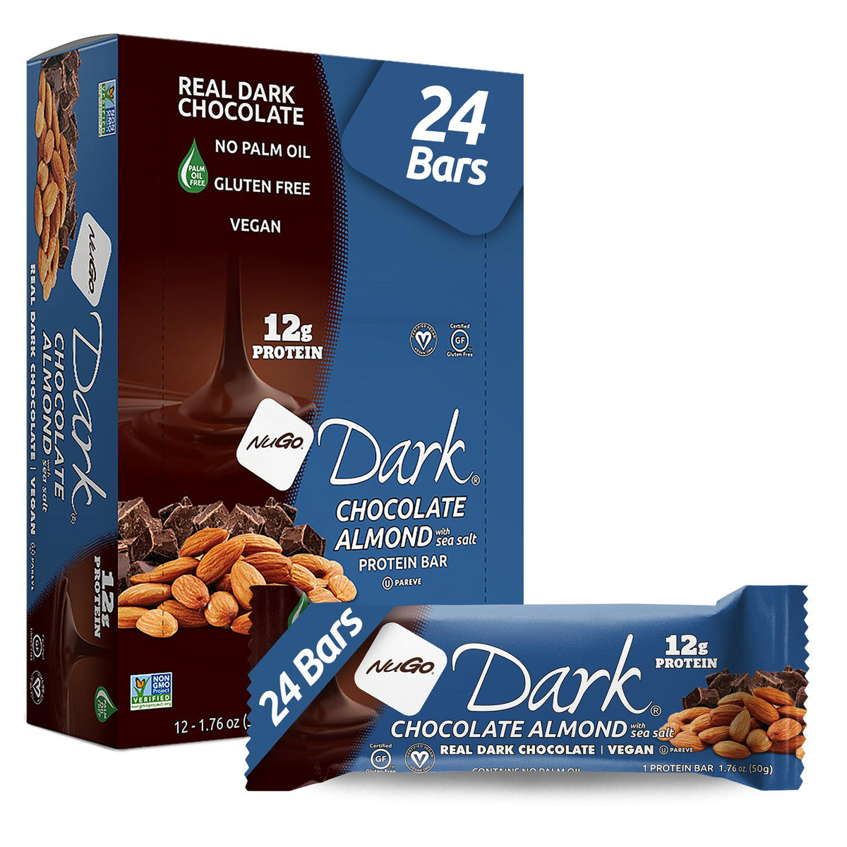 NuGo Dark Chocolate Almond with Sea Salt wrapper close-up, showcasing vegan snack appeal.