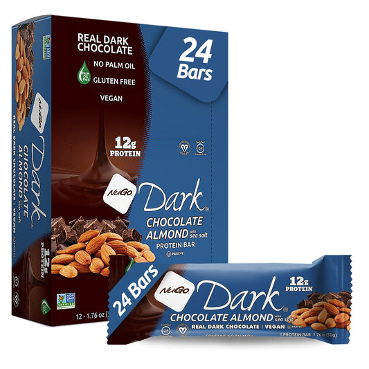 NuGo Dark Chocolate Almond with Sea Salt wrapper close-up, showcasing vegan snack appeal.