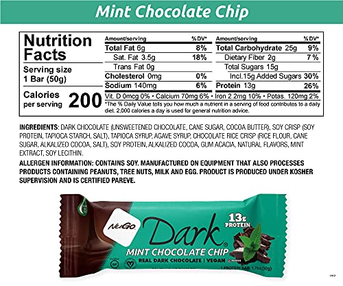 NuGo Dark Bars nutrition panel shows 12-13g protein per bar and certifications.