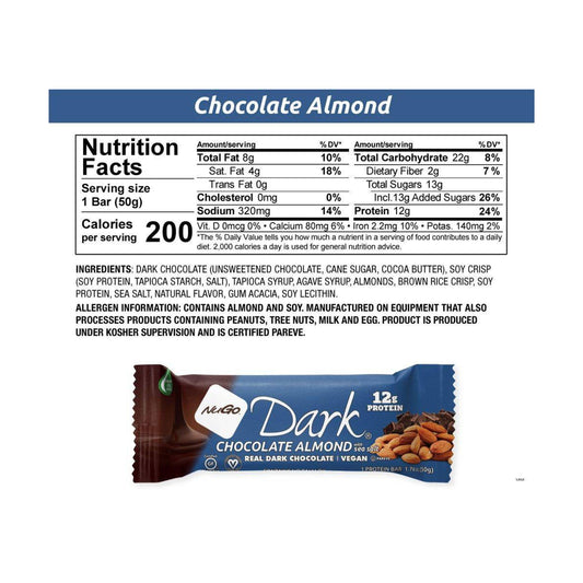 NuGo bar broken to show almonds and chocolate, perfect for busy days