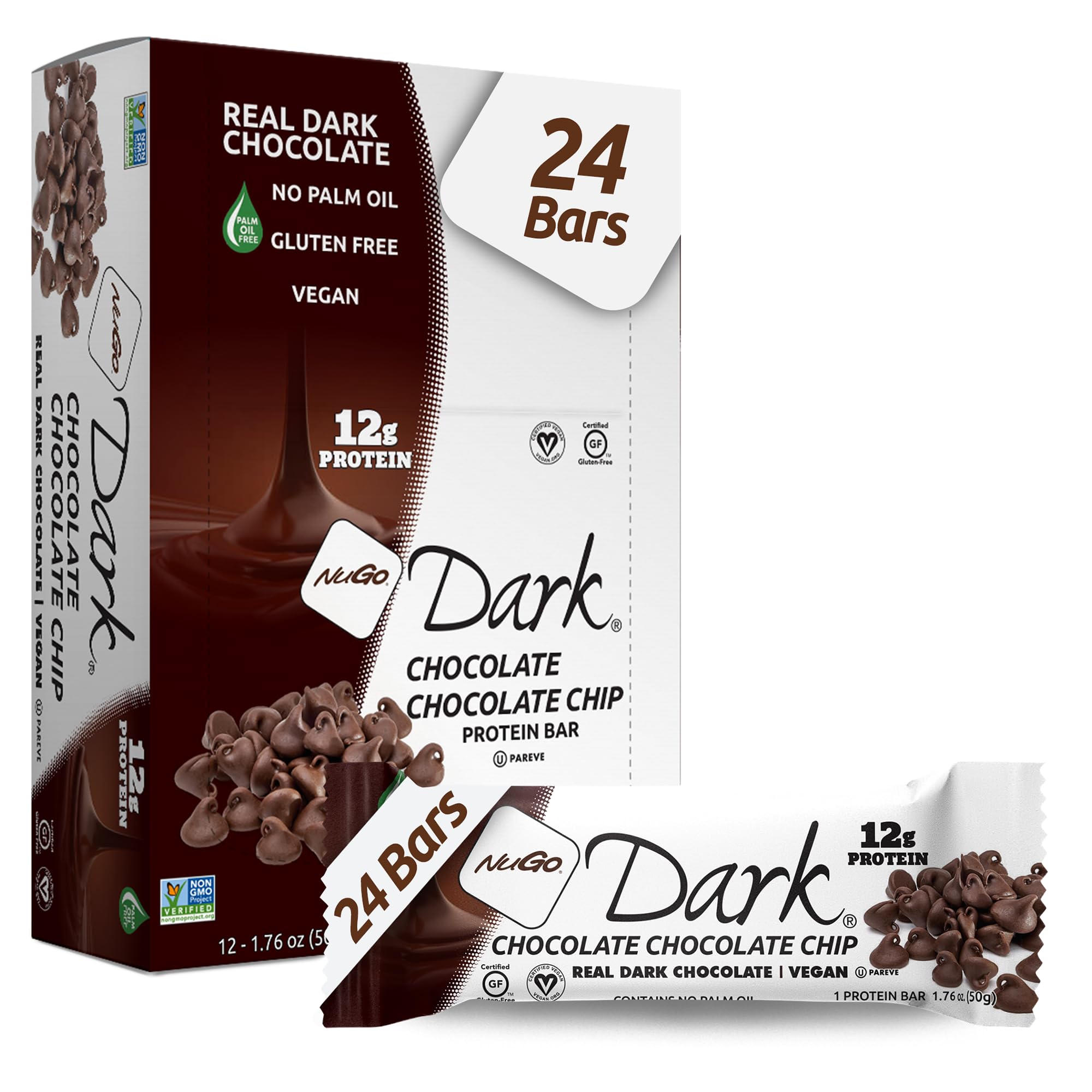 NuGo Dark Chocolate Chip bar package on shelf highlighting vegan and gluten-free benefits.