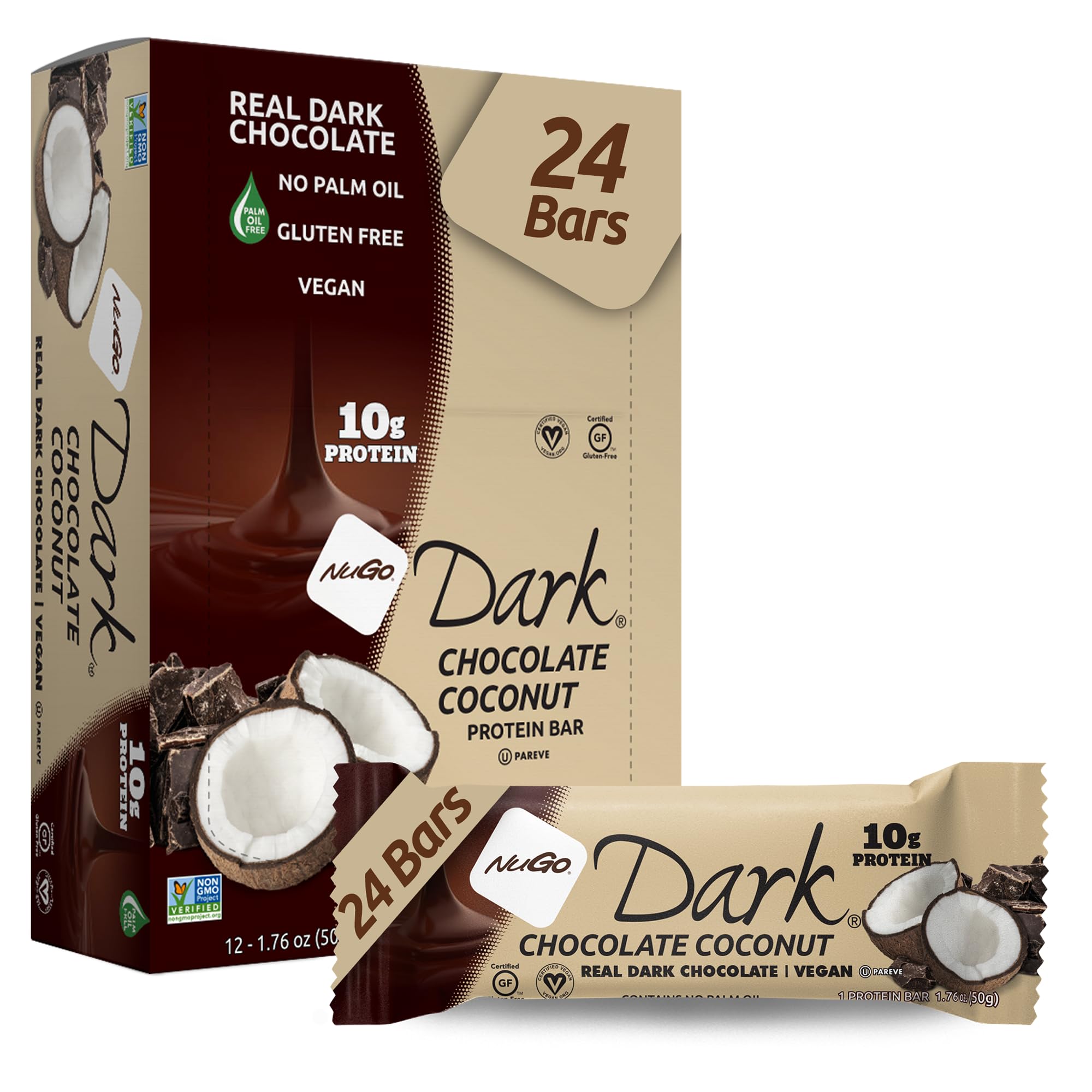 NuGo Dark Chocolate Coconut bar, front view; protein-packed vegan snack.