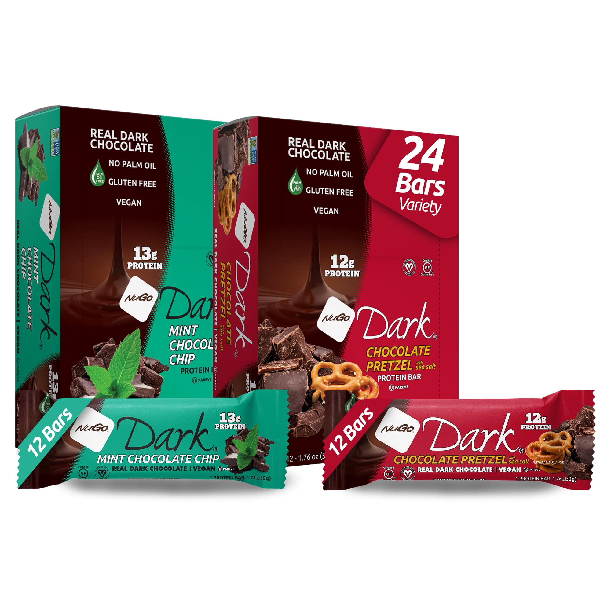 NuGo Dark Chocolate Pretzel Bars packfront — on-the-go protein snack with indulgent flavor.