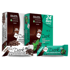 NuGo Dark Mint Chocolate Chip bar dipped in real dark chocolate, a rich protein snack