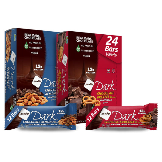 NuGo Dark Pretzel Sea Salt bars packaging, protein snack on the go