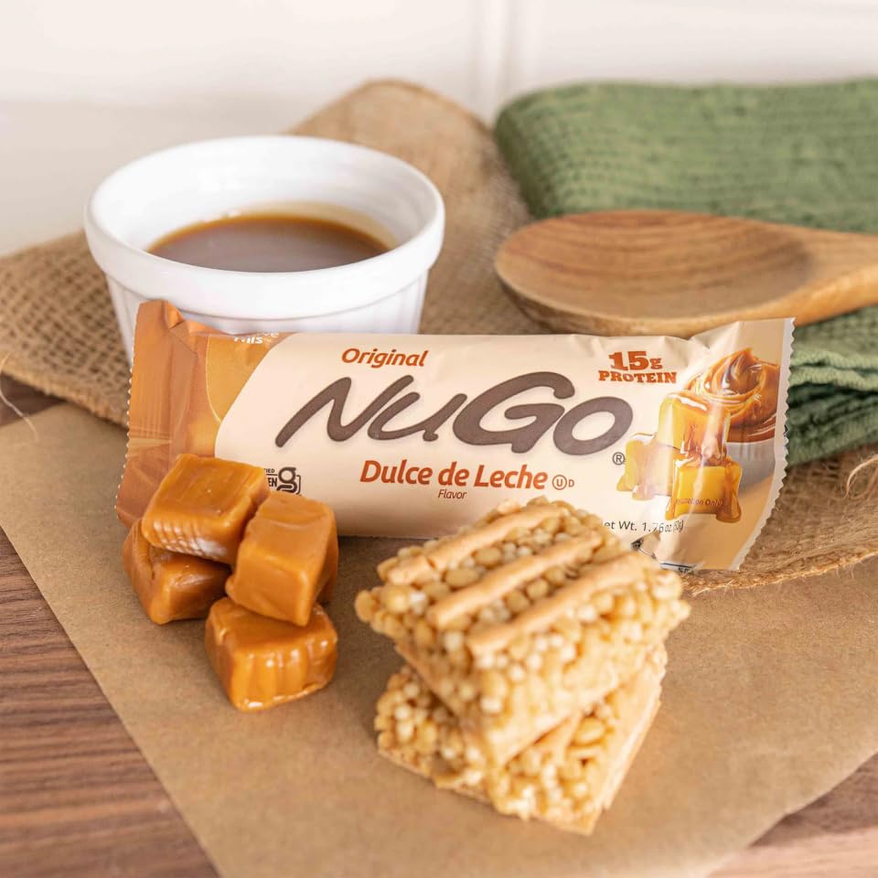 NuGo Dulce De Leche bar with creamy caramel inside, high-protein indulgence