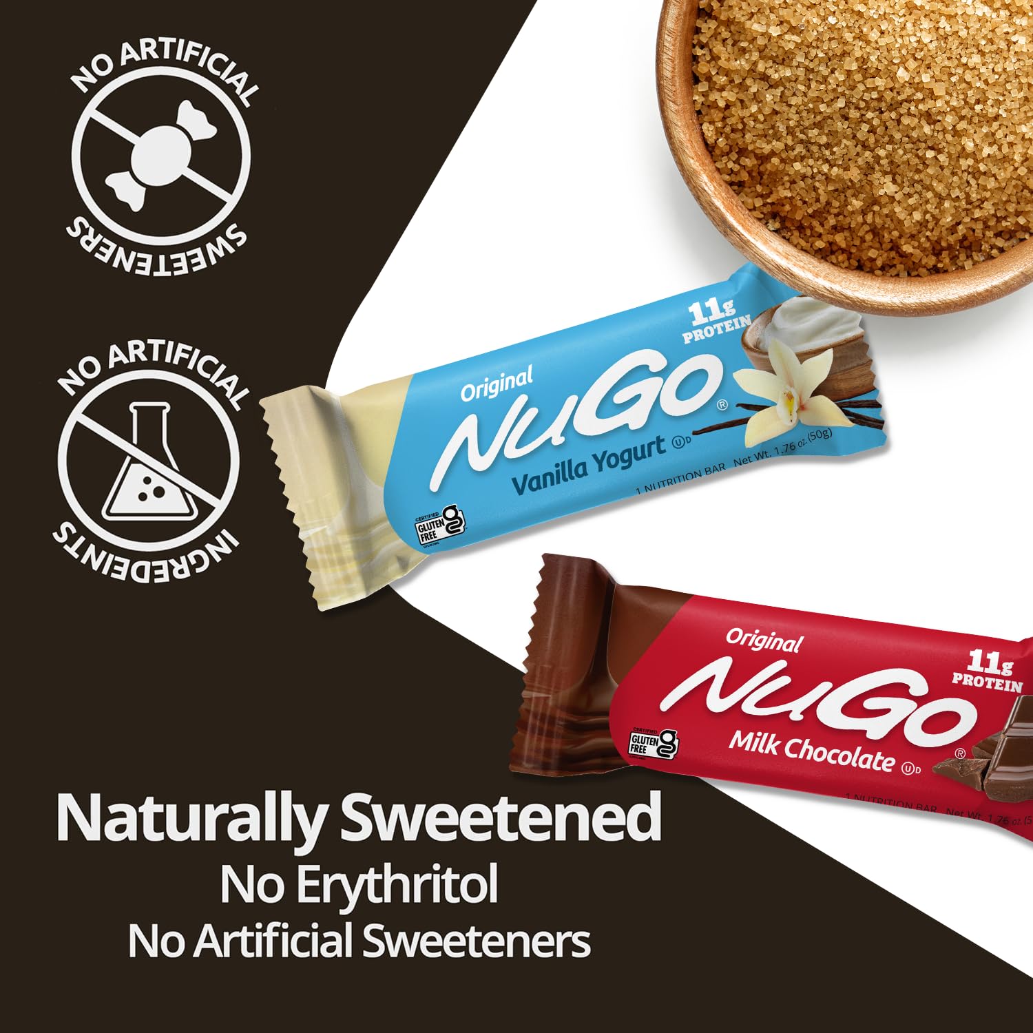 NuGo Original non-GMO ingredients and gluten-free status support family-friendly snacking.