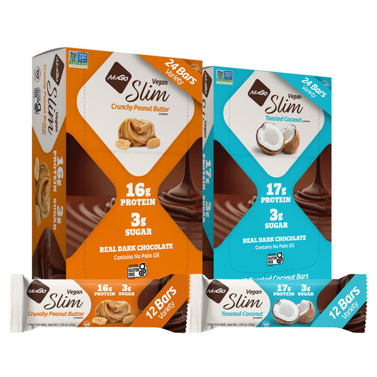NuGo Slim Crunchy Peanut Butter bar packaging close-up highlighting protein-rich snack