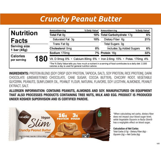 NuGo Slim Crunchy Peanut Butter bar surface with chocolate coating and protein