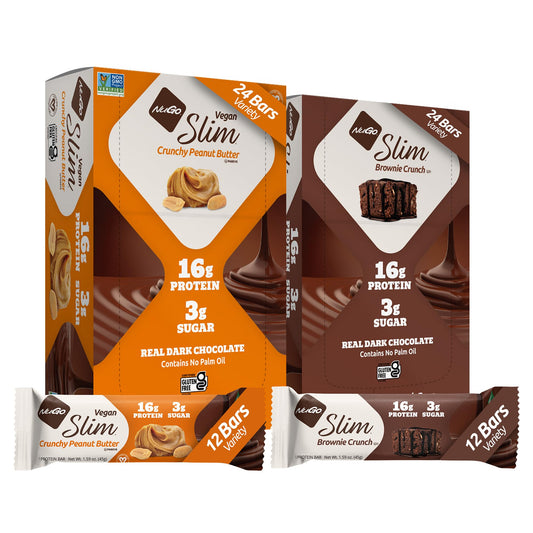 NuGo Slim Crunchy Peanut Butter Bar close-up showcases a protein-packed snack.