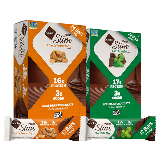 NuGo Slim Crunchy Peanut Butter bar—gluten-free, high-protein snack.