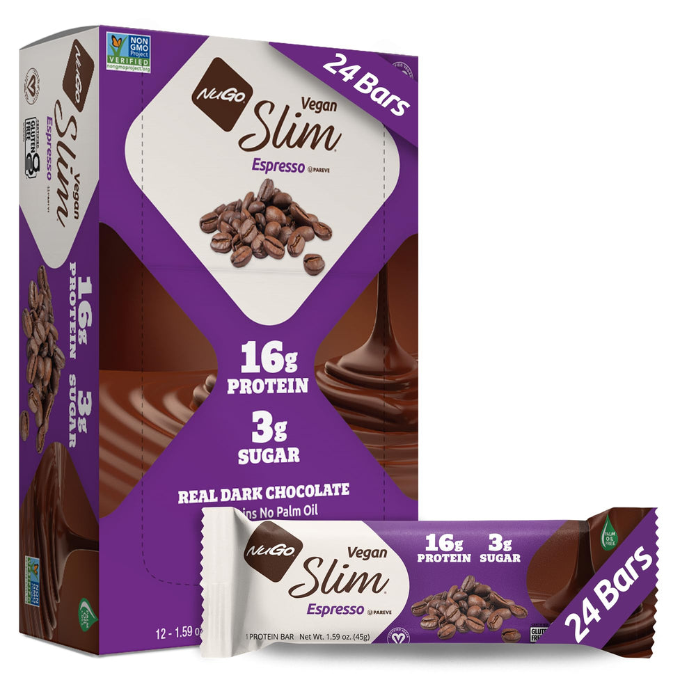 NuGo Slim Dark Chocolate Espresso packshot highlights vegan protein and gluten-free recipe