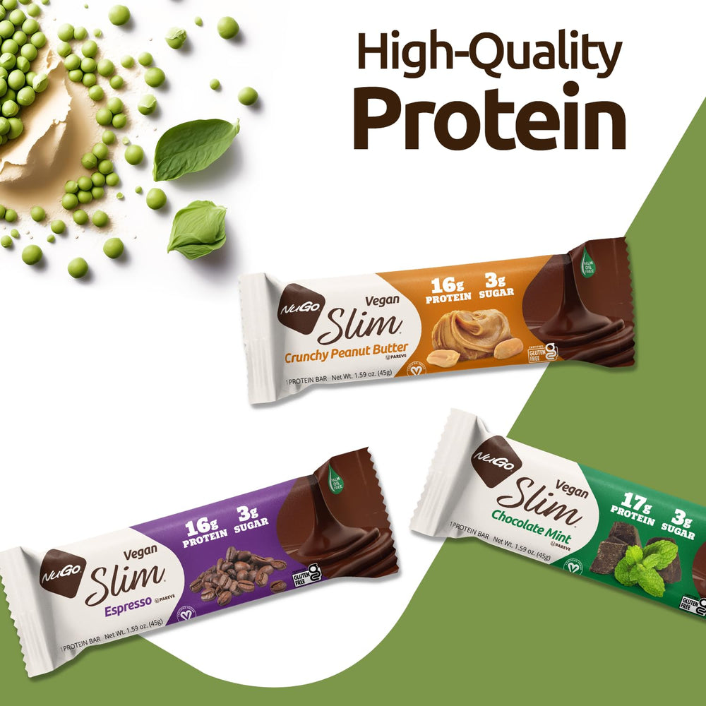 NuGo Slim bar with macro highlights shown on packaging.