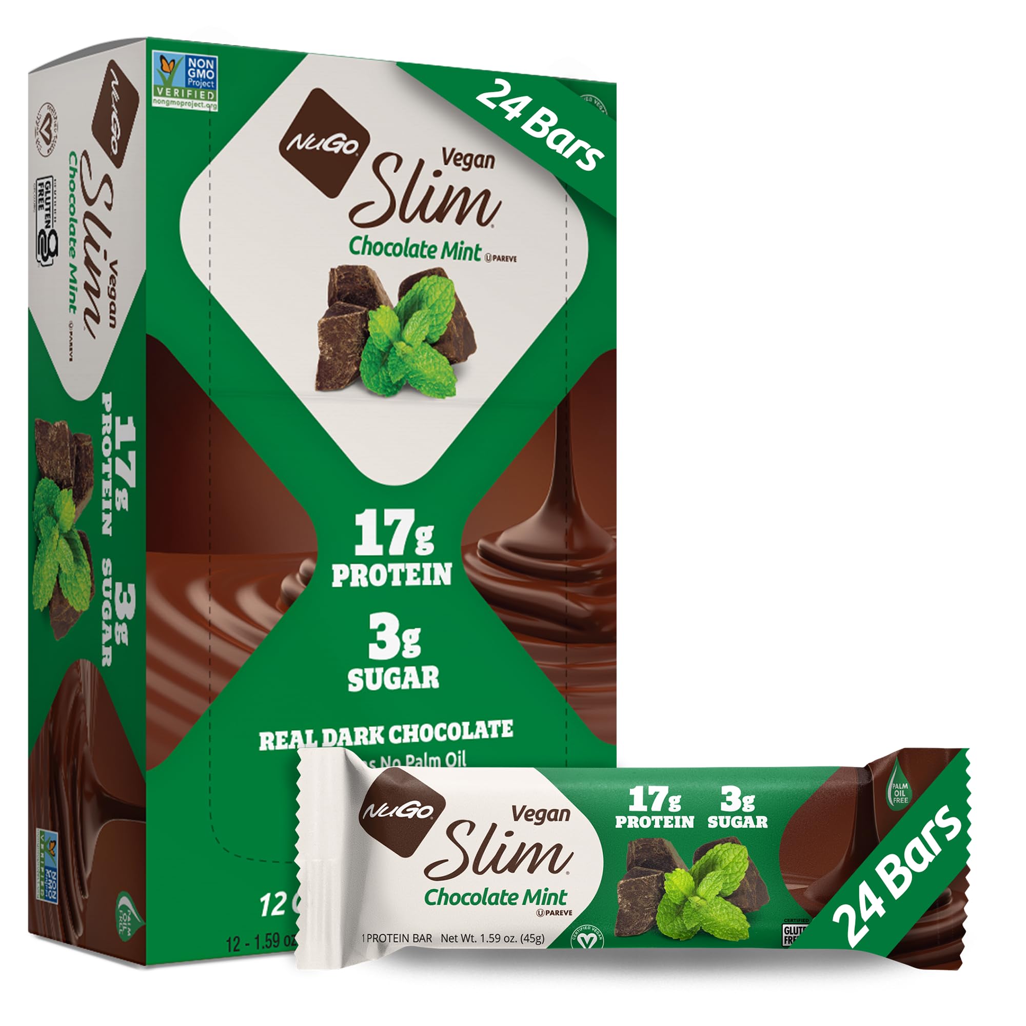 NuGo Slim Dark Chocolate Mint bar close-up, high-protein snack.