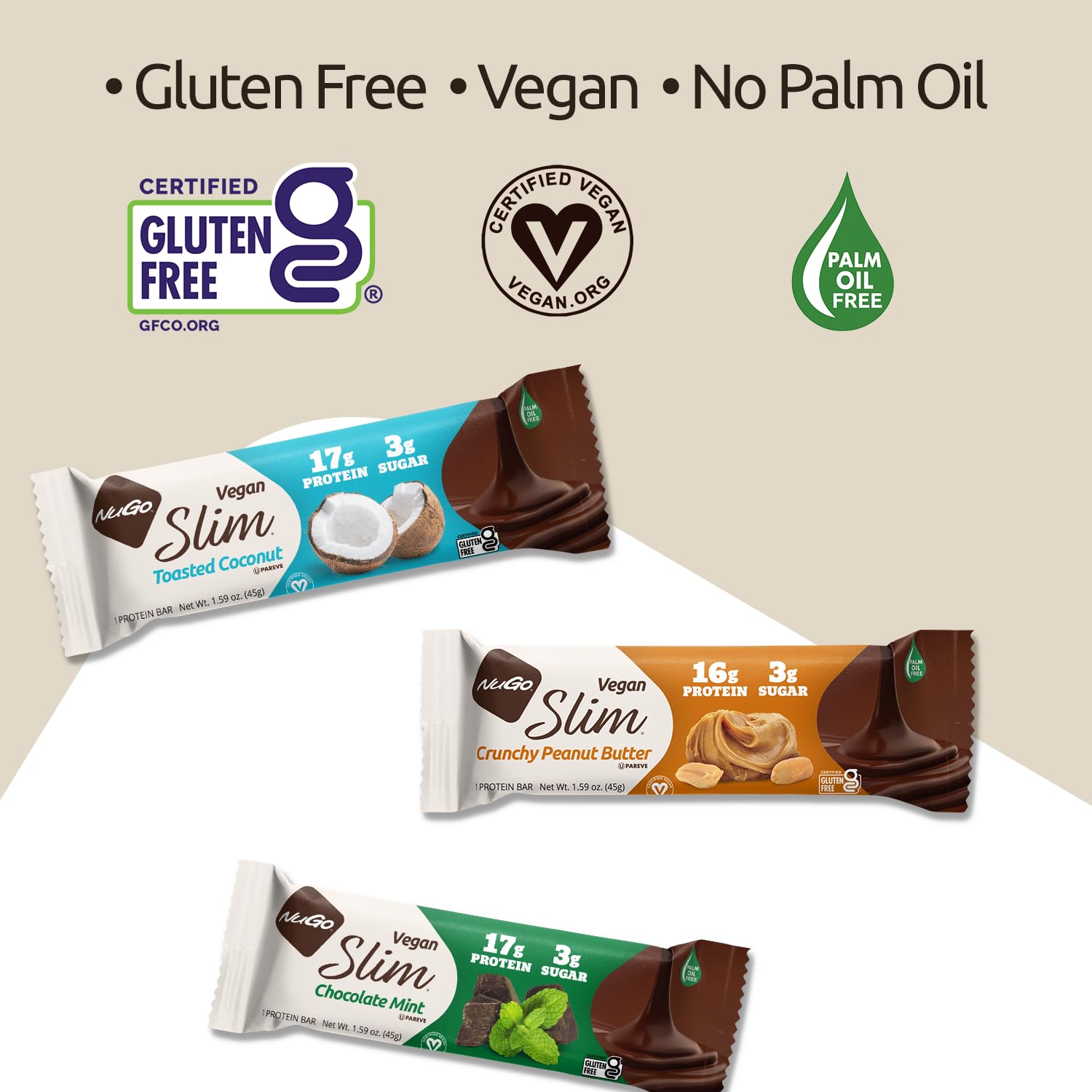 NuGo Slim gluten-free protein bars packaging shot.