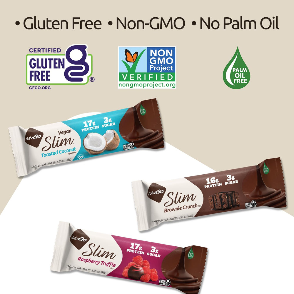 NuGo Slim packaging on store shelf with gluten-free and vegan cues.