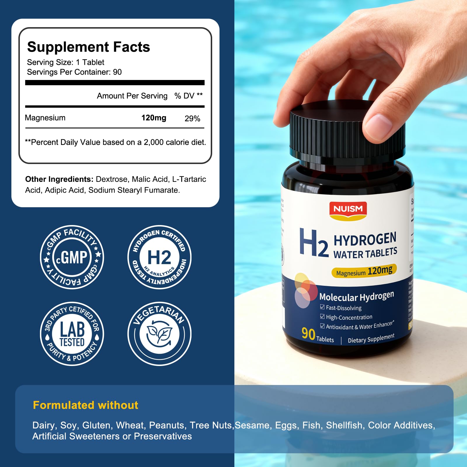 NUISM hydrogen tablets dissolve in water for quick, clean hydrogen.