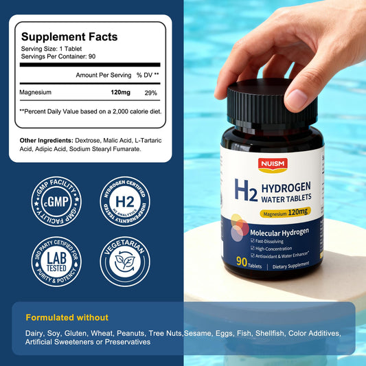 NUISM hydrogen tablets dissolve in water for quick, clean hydrogen.