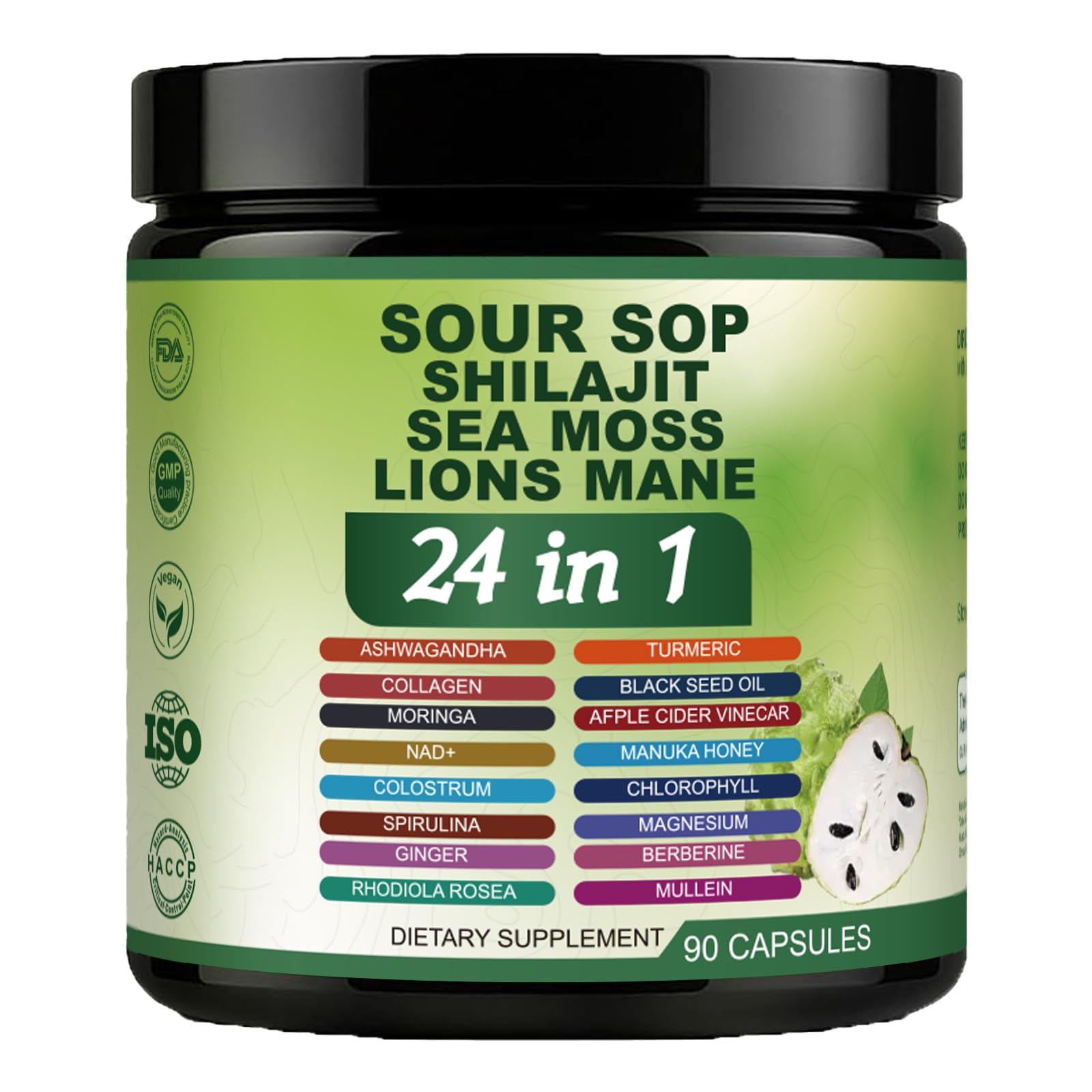 Nukupuns Soursop capsules bottle with 24-in-1 formula for daily wellness.