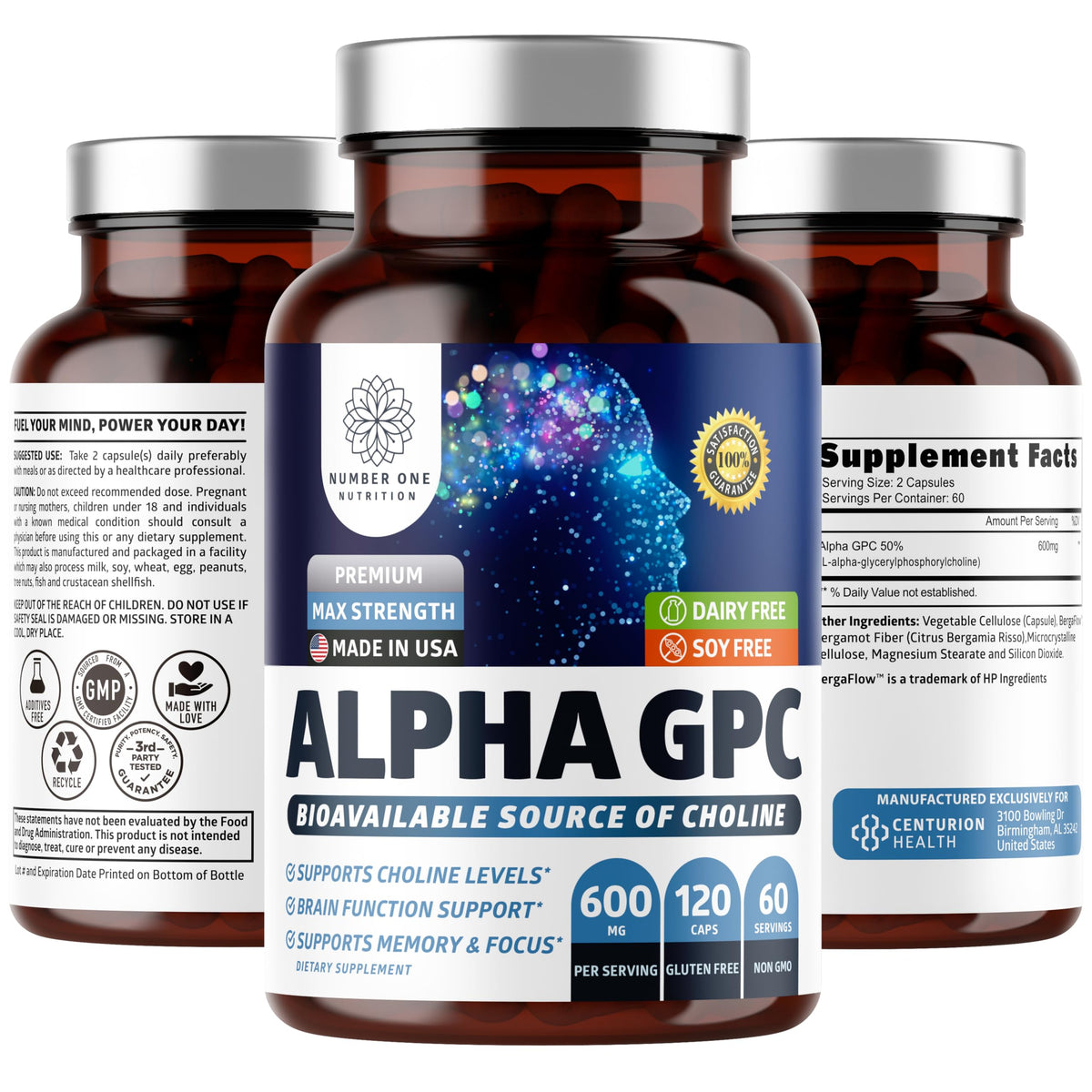 Number One Nutrition Alpha GPC bottle on a desk ready for daily cognitive support