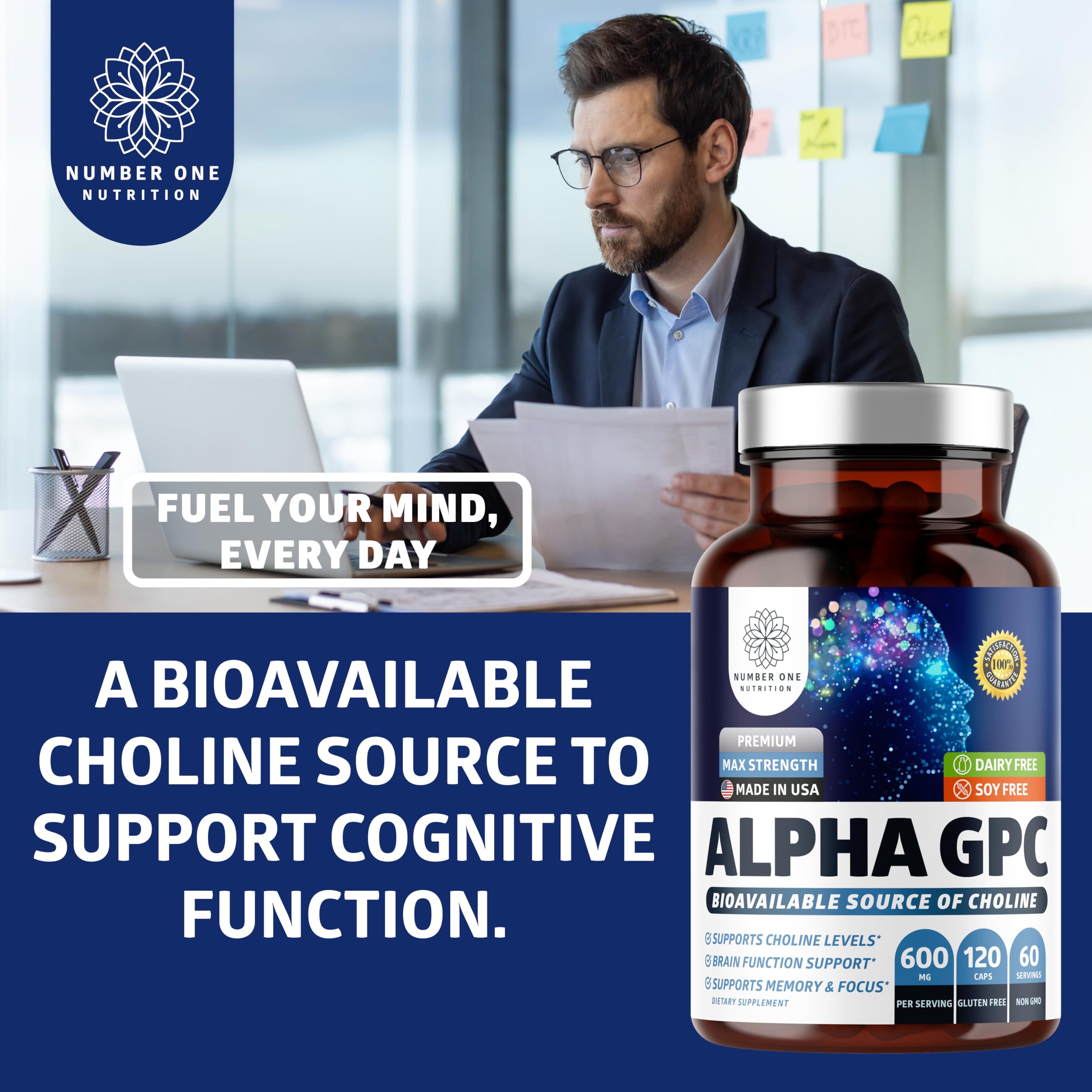 Number One Nutrition Alpha GPC capsules in hand for easy daily serving