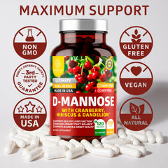 Label and packaging of Number One Nutrition D Mannose 120 count bottle