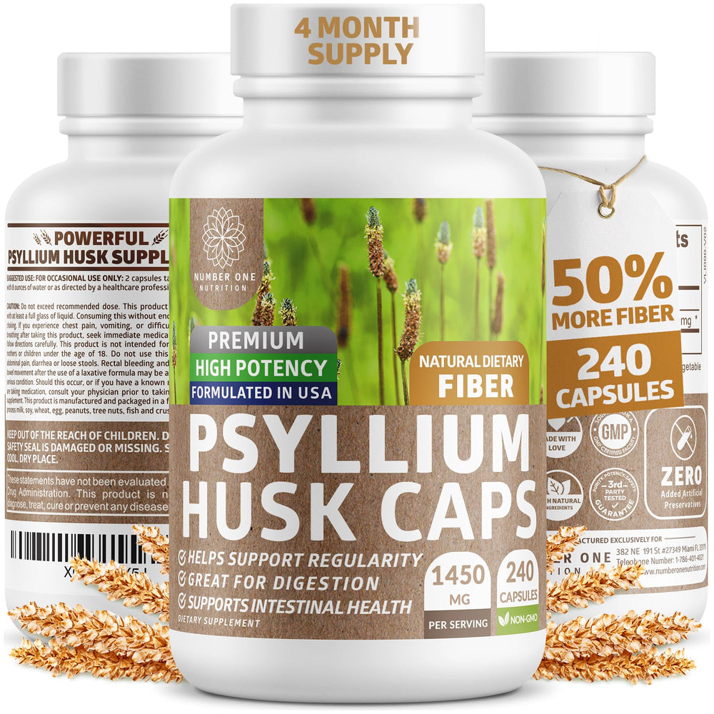 Number One Nutrition N1N Psyllium Husk Capsules bottle highlights high-potency fiber for digestive support