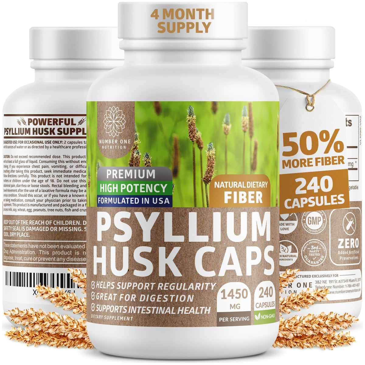 Number One Nutrition N1N Psyllium Husk Capsules bottle highlights high-potency fiber for digestive support