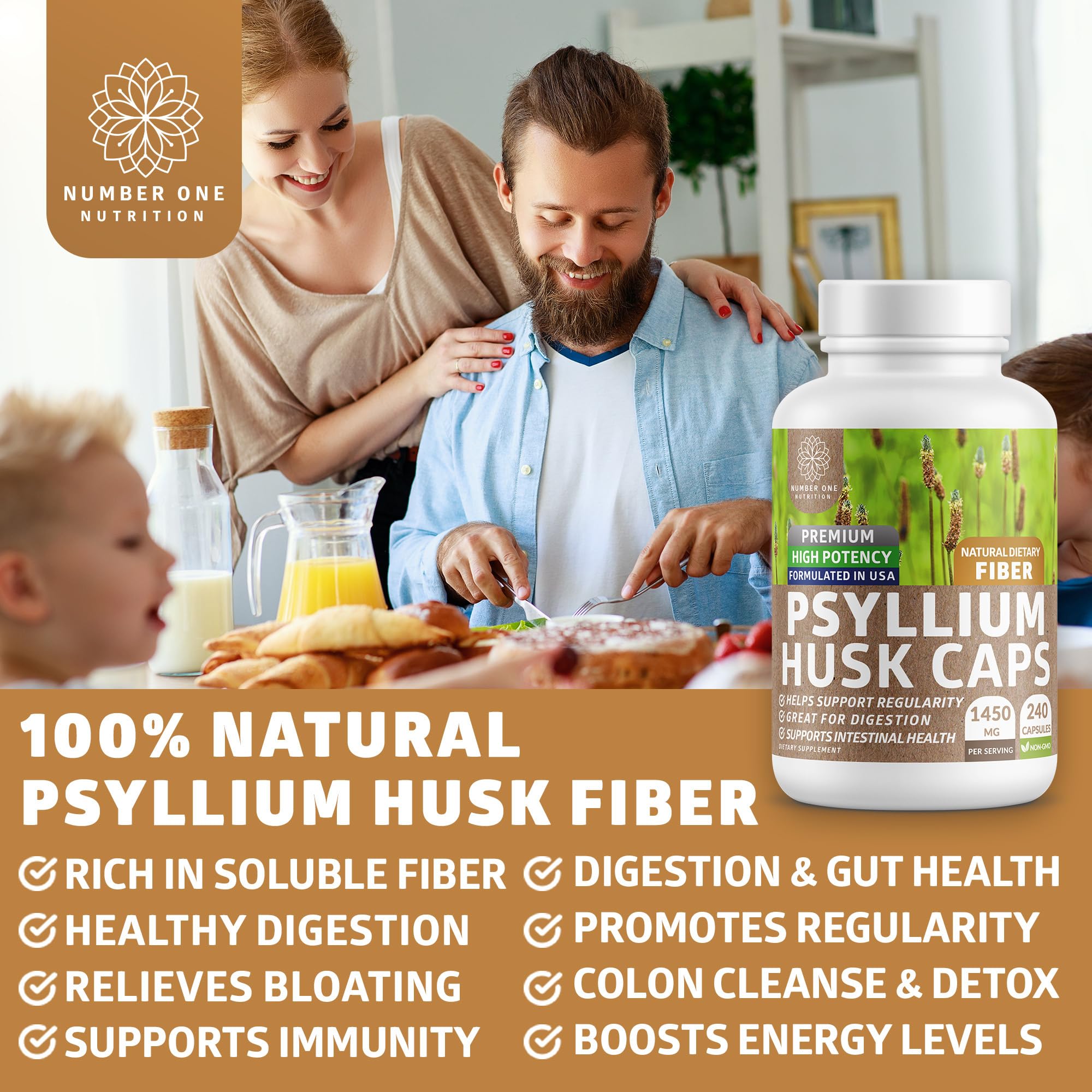Lifestyle shot with Number One Nutrition capsules on a counter for wellness