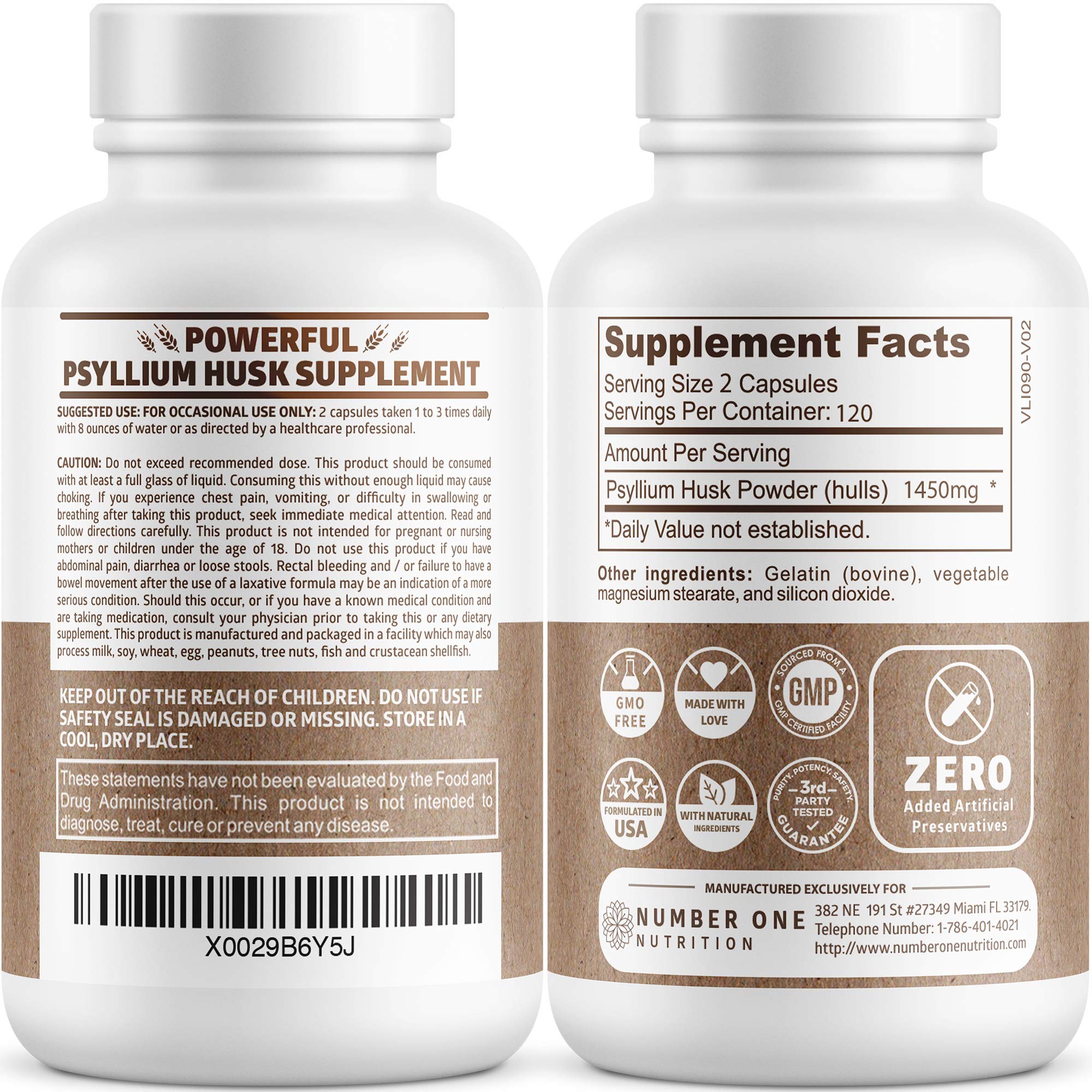 Close-up label shows 1450 mg per serving for daily fiber intake from N1N Psyllium