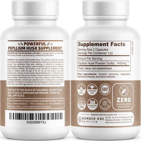 Close-up label shows 1450 mg per serving for daily fiber intake from N1N Psyllium