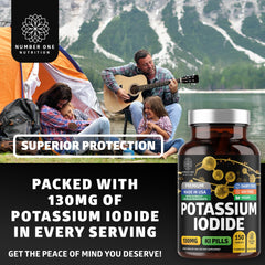 Number One Nutrition potassium iodide tablets close-up emphasizes 130 mg per serving and stable potency.