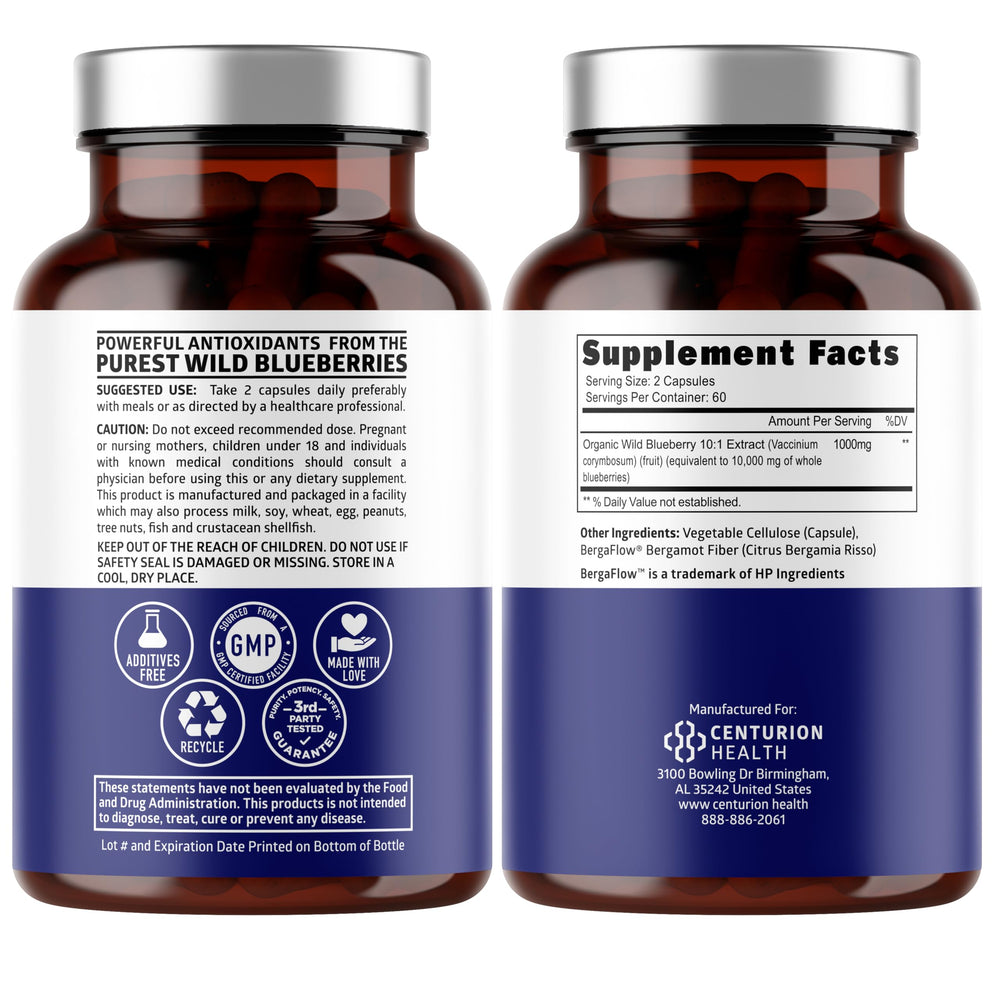 Number One Nutrition wild blueberry extract capsules show 10,000 mg per serving for brain and gut wellness