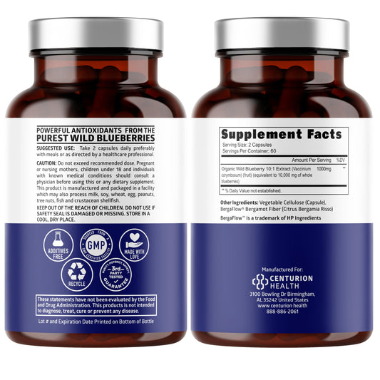 Number One Nutrition wild blueberry extract capsules show 10,000 mg per serving for brain and gut wellness