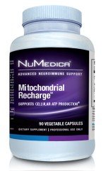 NuMedica Mitochondrial Recharge 90 Vegicaps bottle on countertop; supports daily wellness, gluten-free.