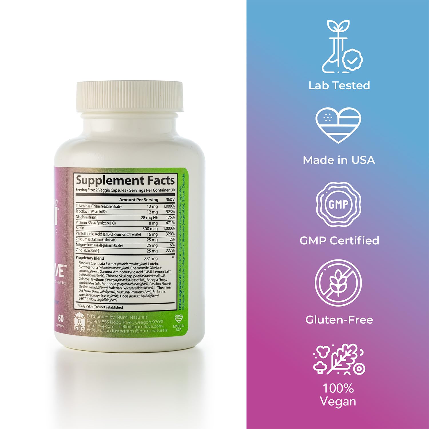 Numi Naturals Neurofix+Chill vegan badge indicating plant-based capsules.