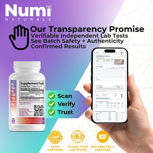 Numi Naturals saffron bottle QR code links to lab transparency for confidence.