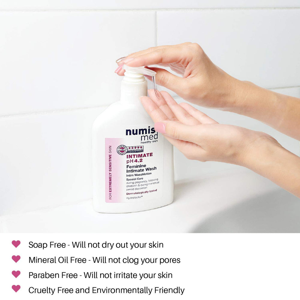 Numis Med bottle highlights soap-free, paraben-free formula.