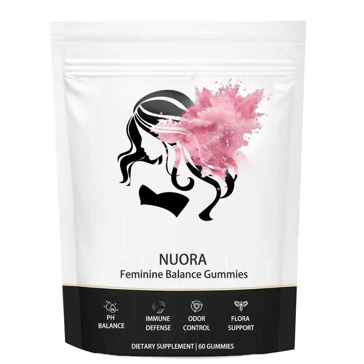 Nuora Feminine Balance Gummies bottle front for daily pH balance and freshness
