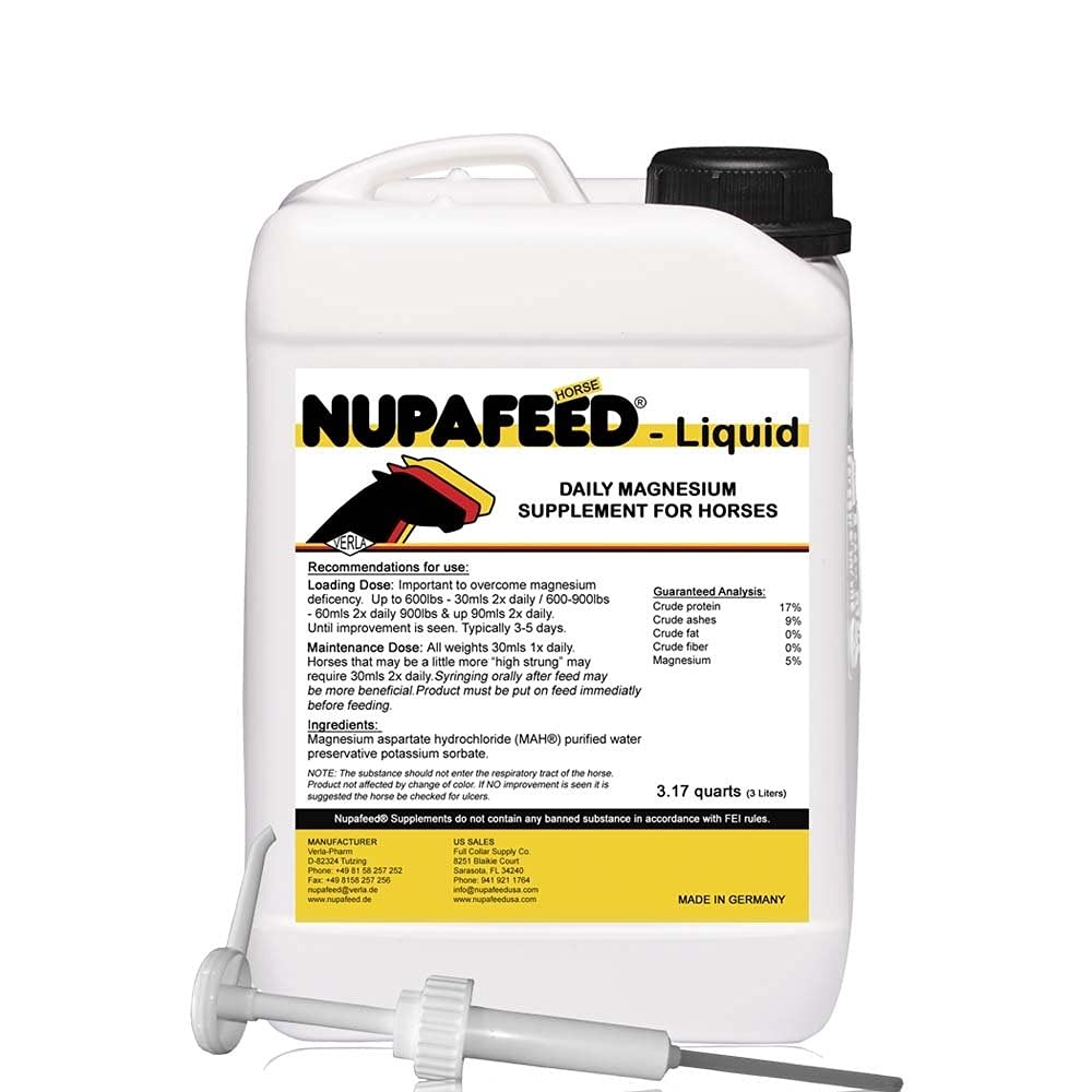 Nupafeed Magnesium Daily Liquid bottle may support calmness and relaxed muscles in horses.