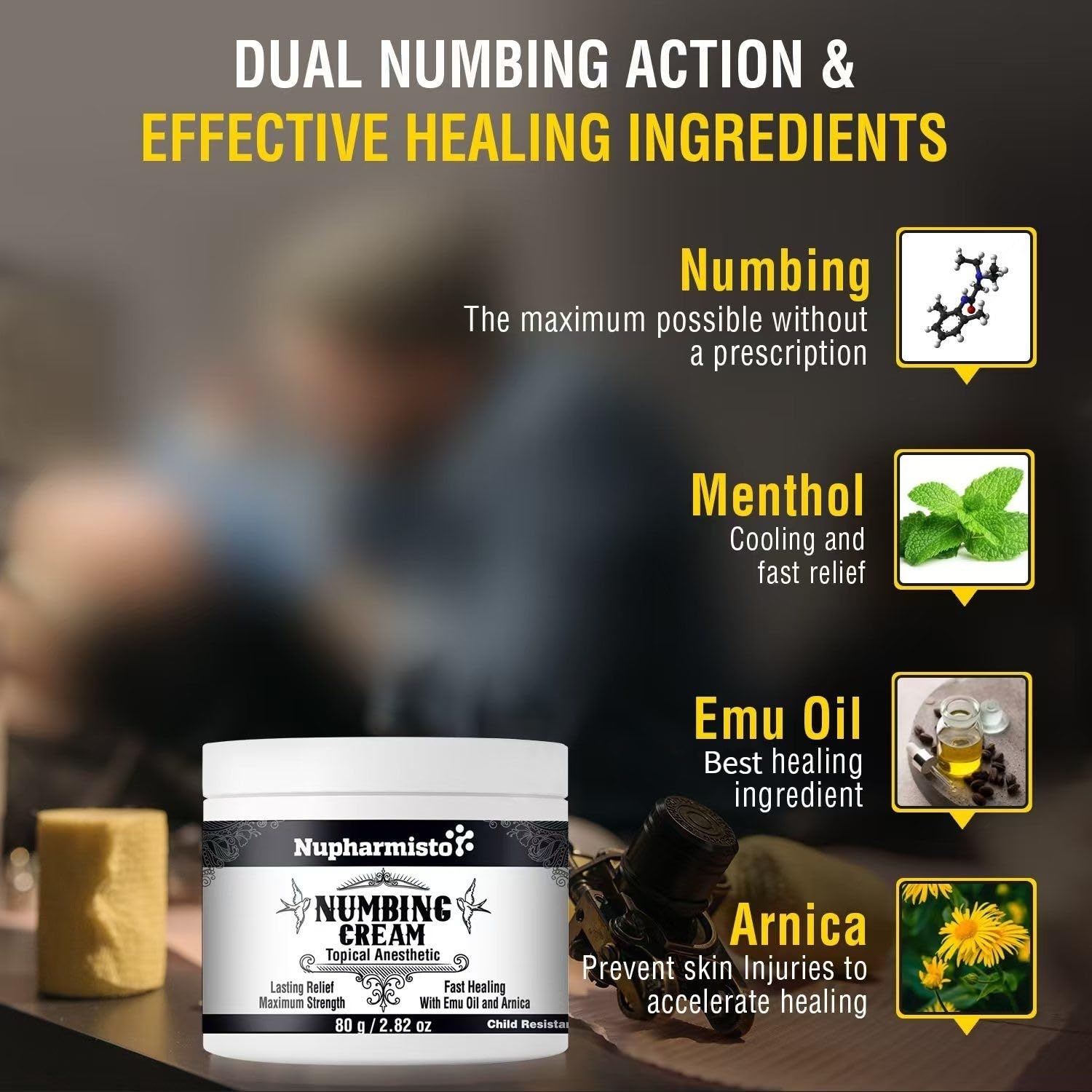 Nupharmisto numbing cream packaging highlights odor-free formula.