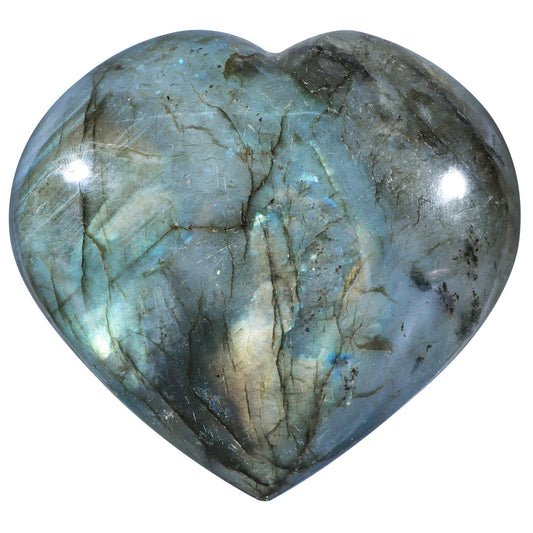 Nupuyai Labradorite heart stone with iridescent rainbow glow for calm meditation.