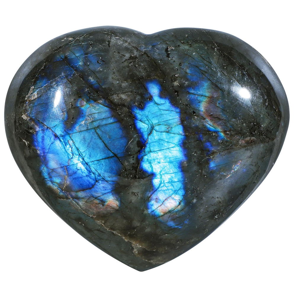 Nupuyai Labradorite heart stone with iridescence for calming meditation and decor.