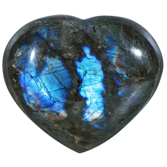 Nupuyai Labradorite heart stone with iridescence for calming meditation and decor.
