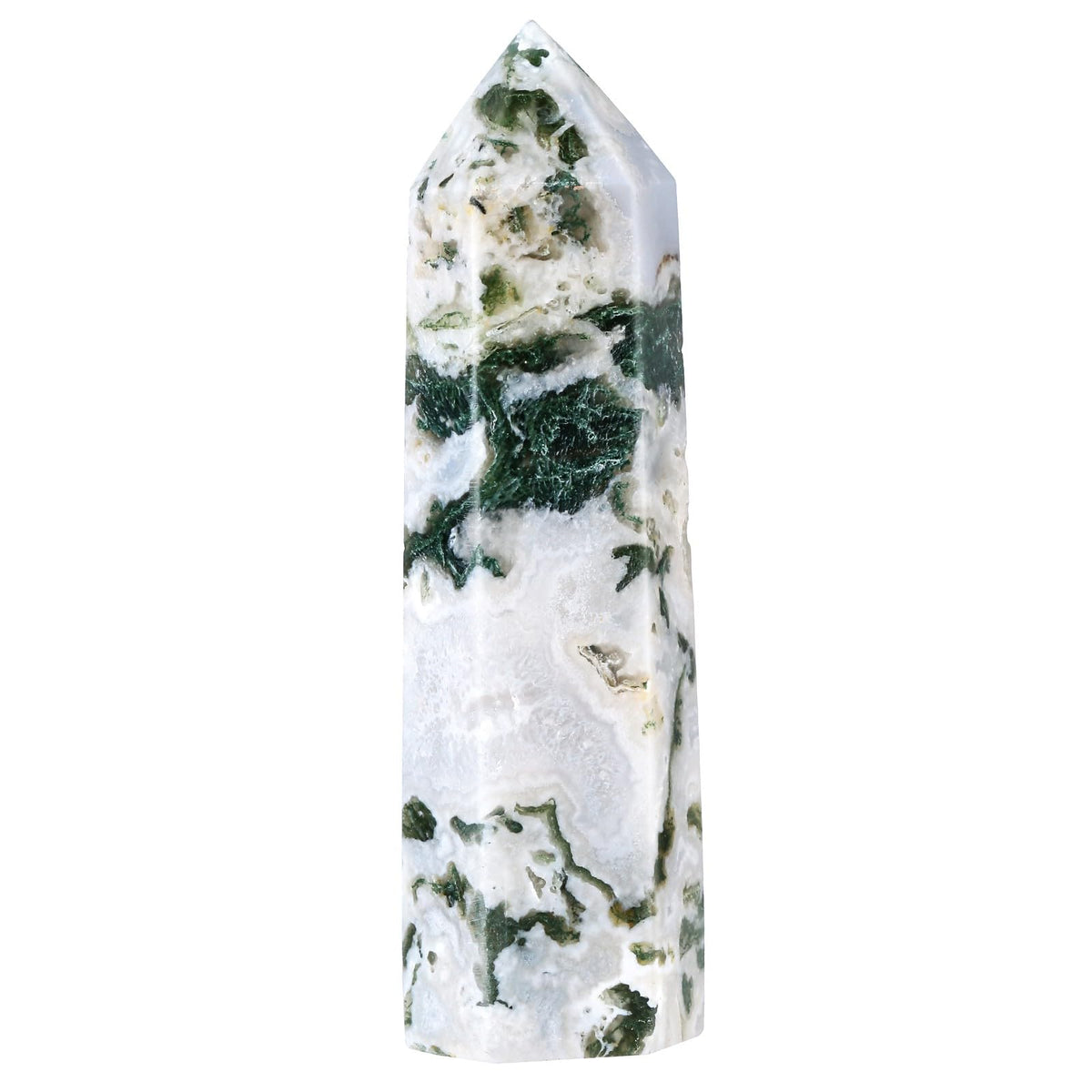 Nupuyai moss agate tower with 6 facets for precise energy focus during meditation.