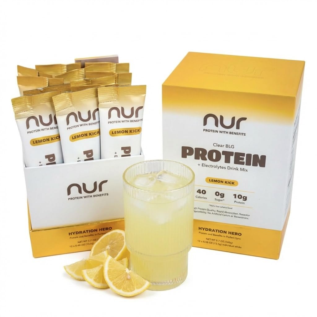 NUR Clear Whey bottle pours lemon kick for refreshing hydration after workouts