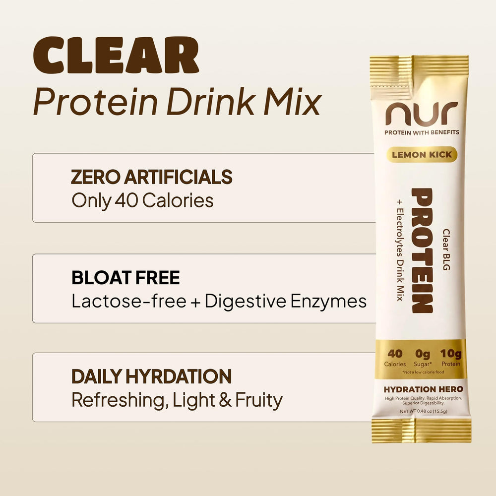 Glass of NUR Clear Whey lemon kick shows juice-like hydration with clear taste
